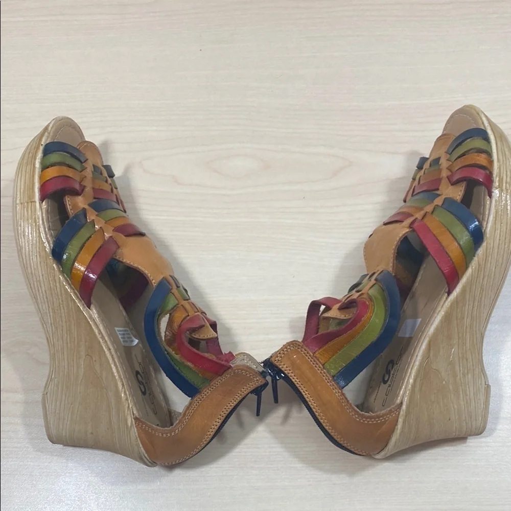 Tan and Red Wedge Sandals with Gladiator Straps